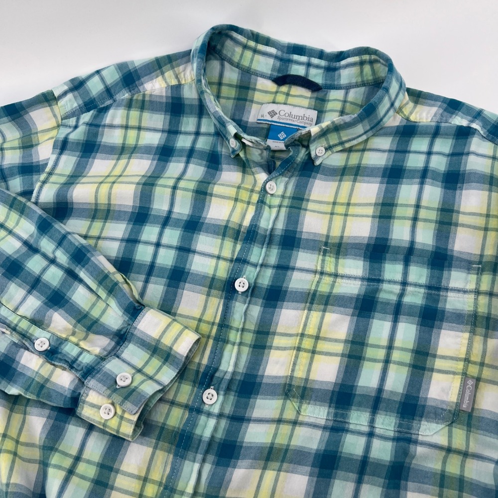 Columbia Mens XL Plaid Button Down Shirt Long Sleeve‎ Teal Green Cotton 100%